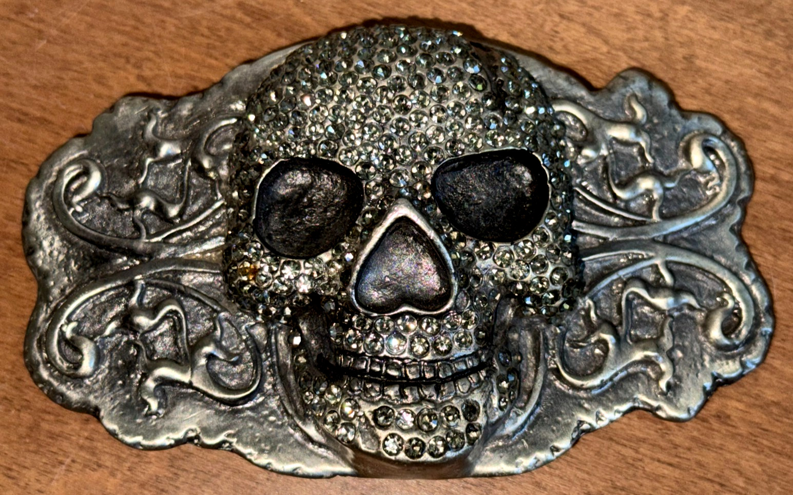 FREE SHP! Silver Dagger Belt Buckle Skull Metal Black Iridescent Rhinestones