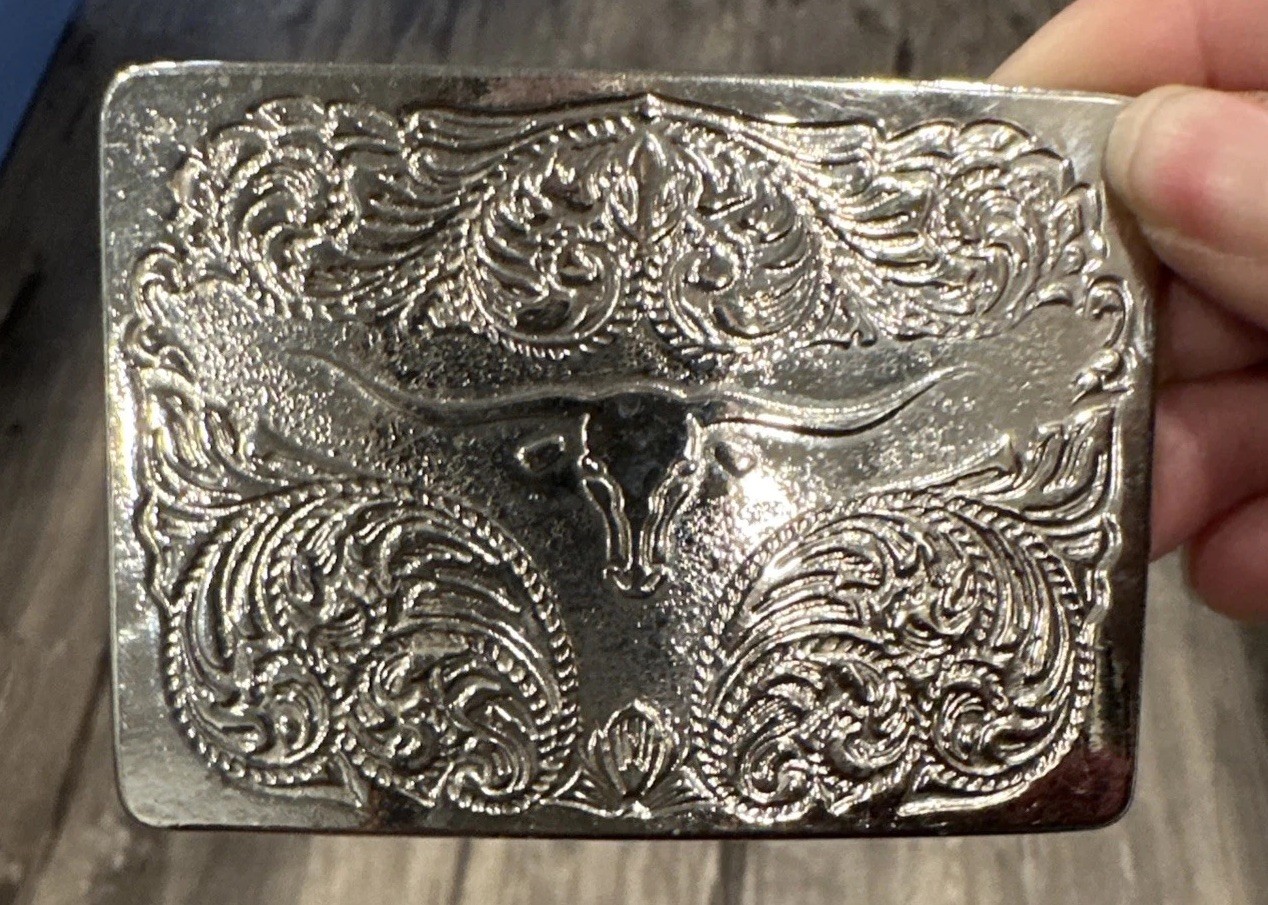 VTG Designer Western Cowboy Belt Buckle Unisex Silver Tone Rectangular Steer