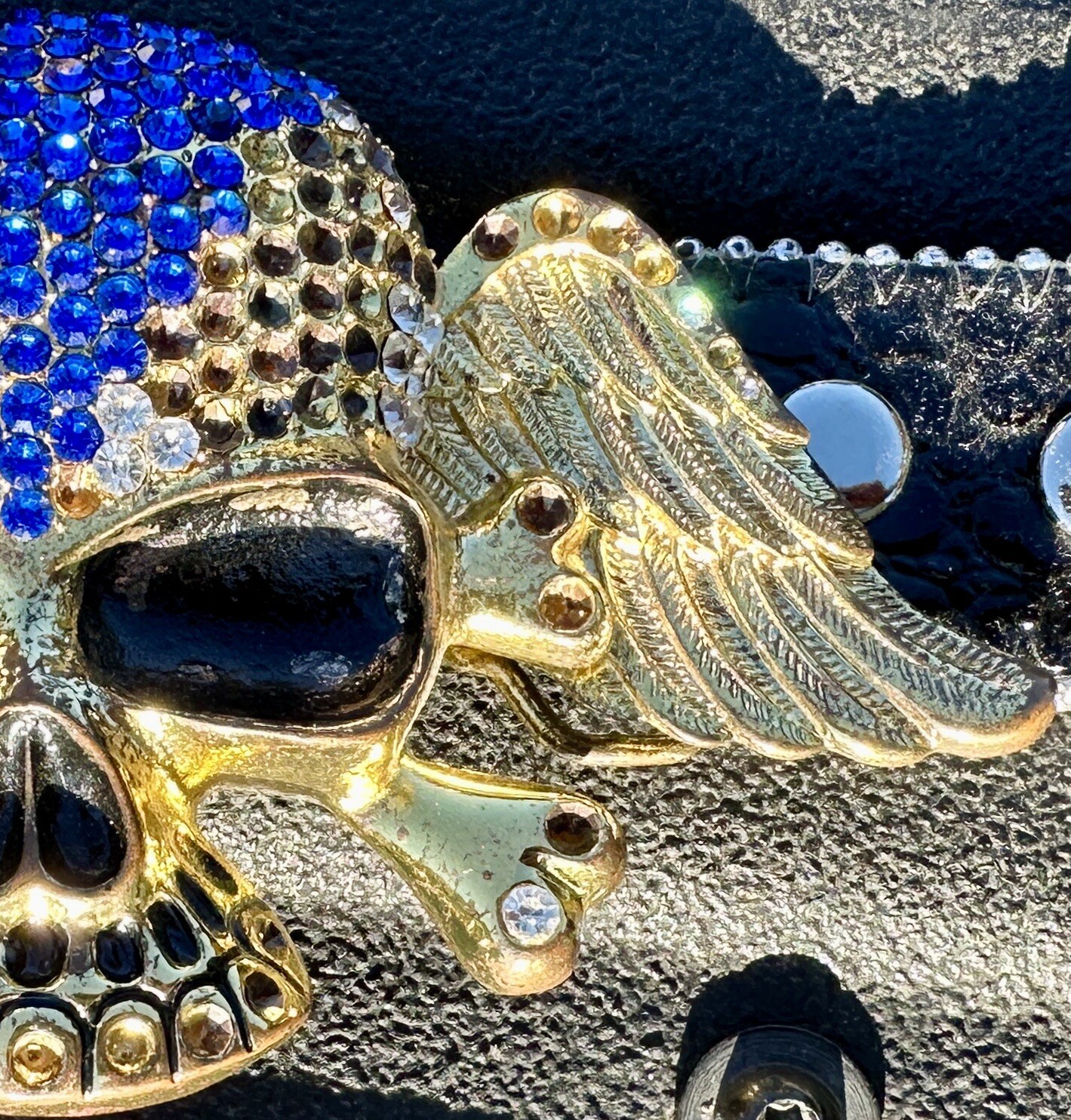 Skull covered in Clear & Blue Rhinestones Belt & Belt Buckle,Missing Some Stones