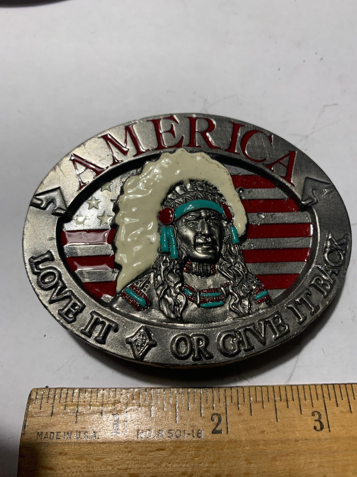 Pewter Belt Buckle Patriotic America Love It or Give it Back NEW sky blue stripe