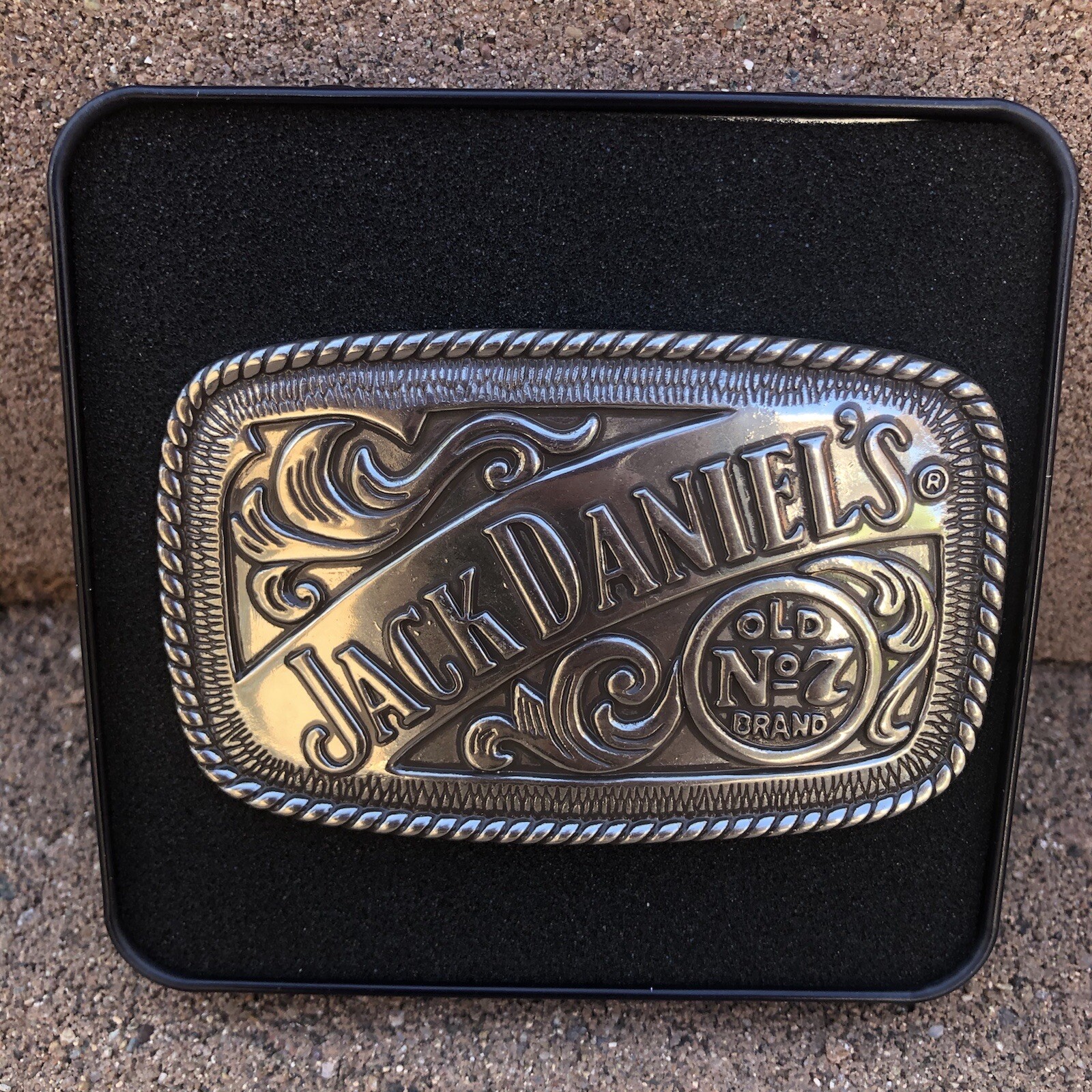 Jack Daniels Old No. 7 Silver Pewter Tone Rectangle Belt Buckle with Case