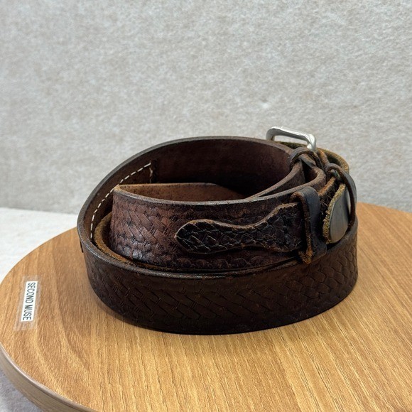 Distressed Leather Woven Embossed Belt Silver Buckle Brown Well Worn Size 50