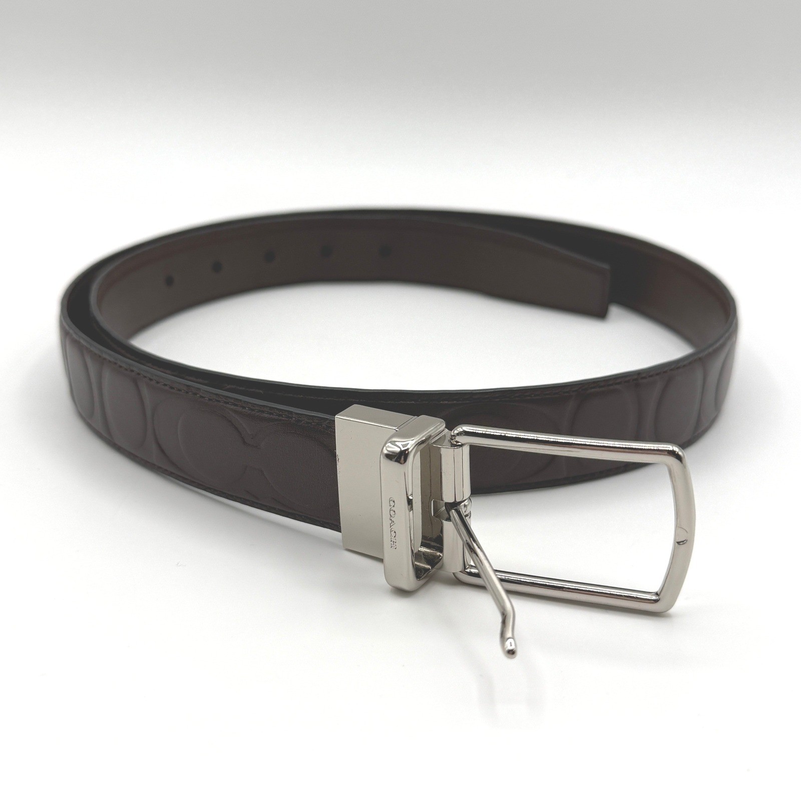 Coach Belt Mens Medium Brown Signature Debossed Reversible Leather Silver Buckle