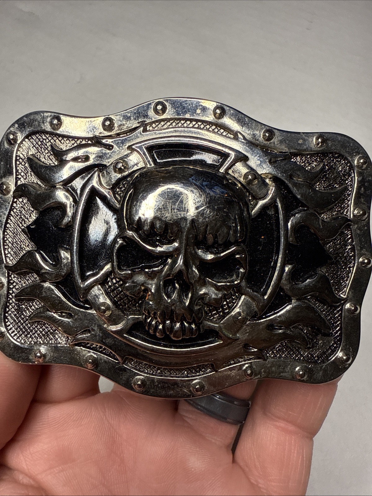Skull Flame Cross Silver Belt Buckle Bike Chain Frame Biker Motorcycle