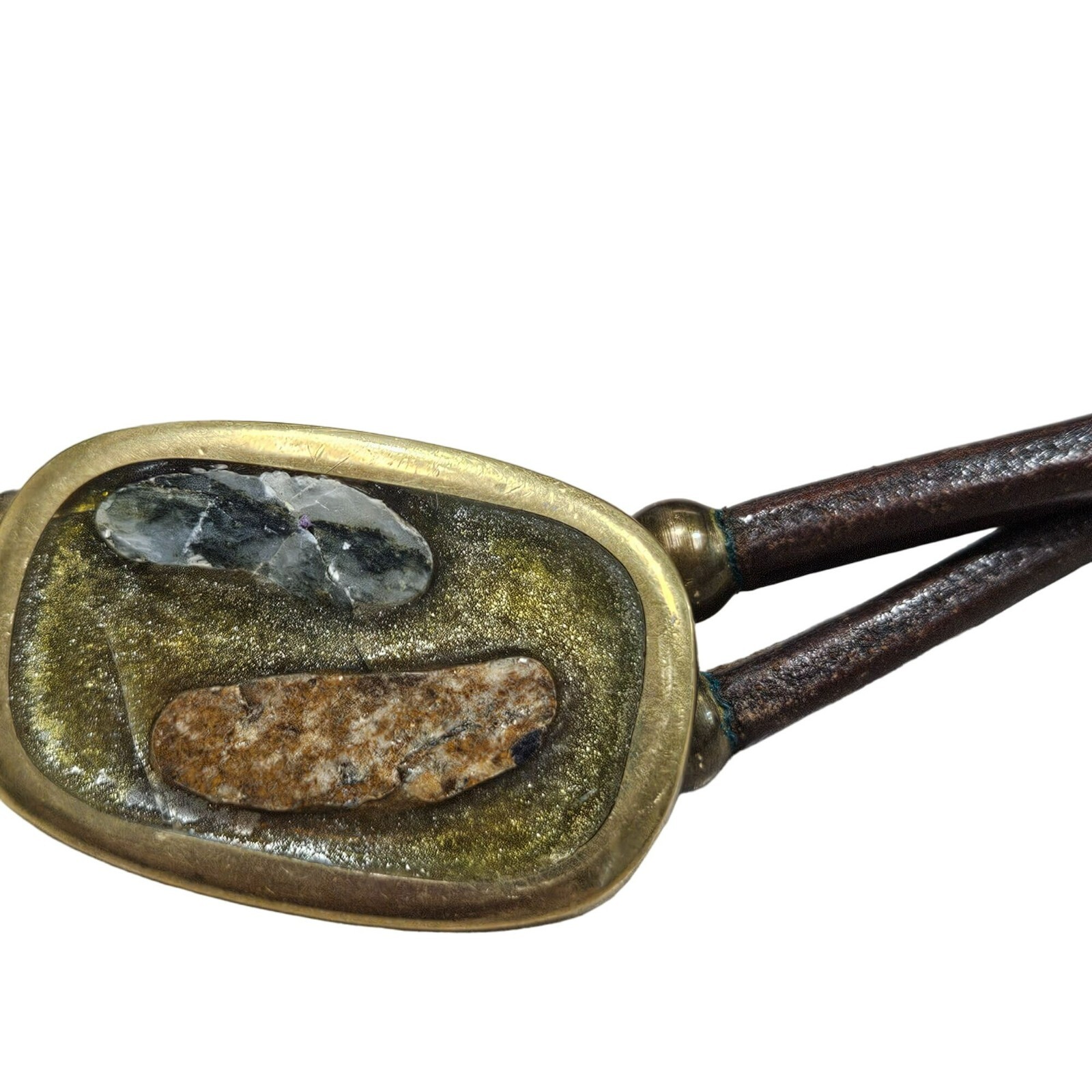 Brass Inlay Buckle Double-Layer Leather Belt Stone Accents Possibly Homemade