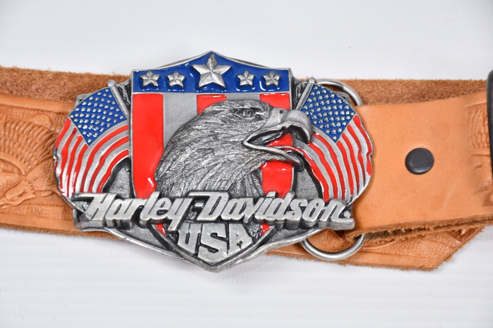 Vintage 80s Harley Davidson Belt Buckle Eagle Made in USA + Eagles Leather Belt