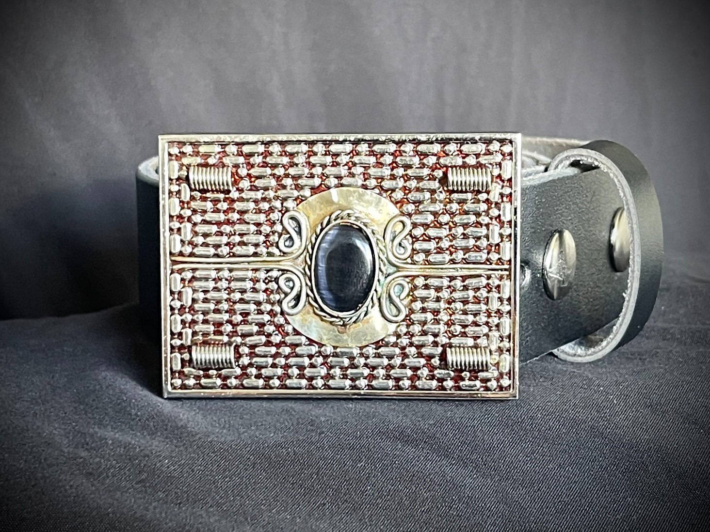 Peruvian Black Stone Ring Artisan Industrial Belt Buckle OOAK Darren McNeese