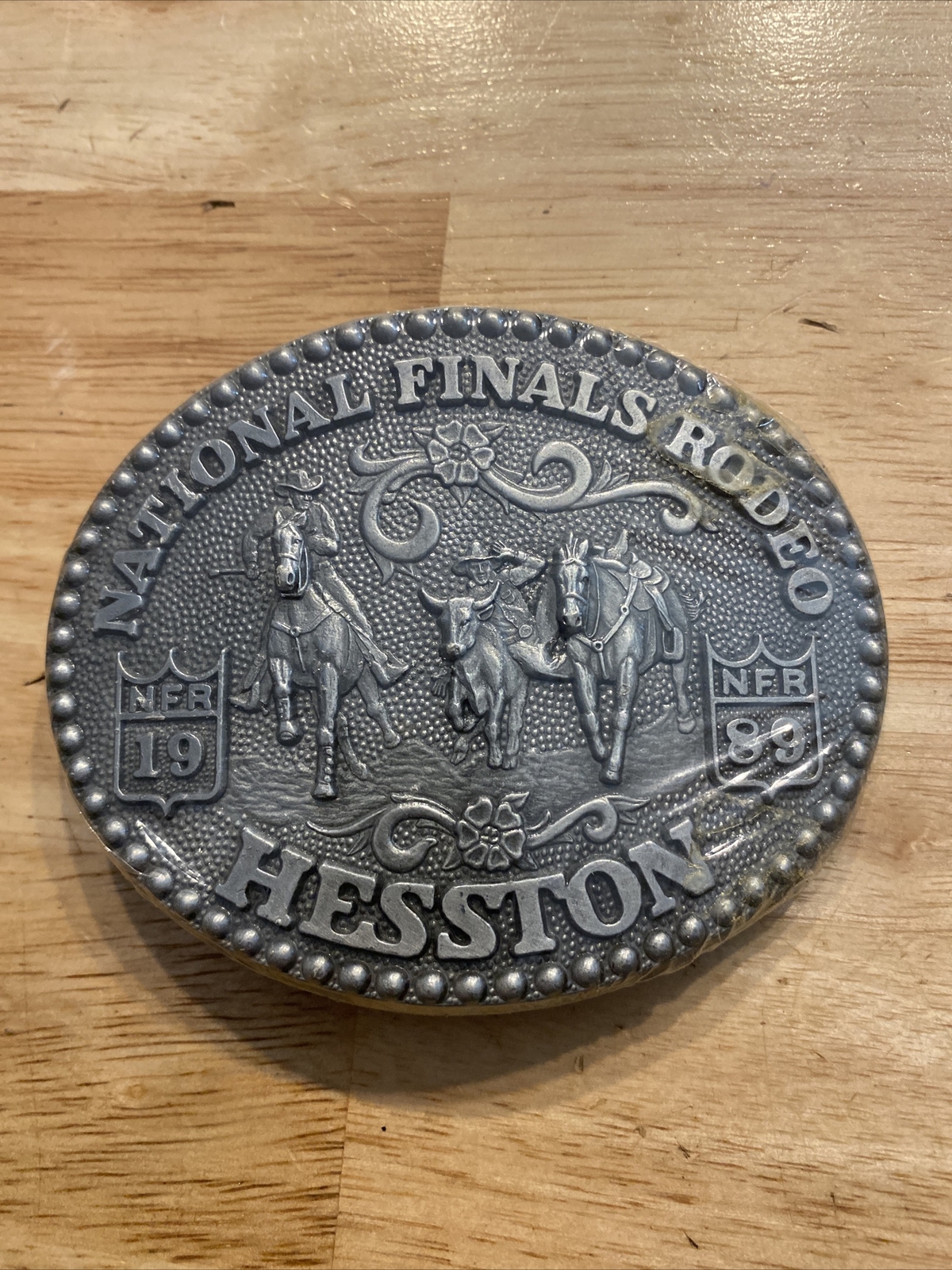 Hesston Vintage Rodeo Belt Buckle 1989 METAL Original Wrap National Finals NFR