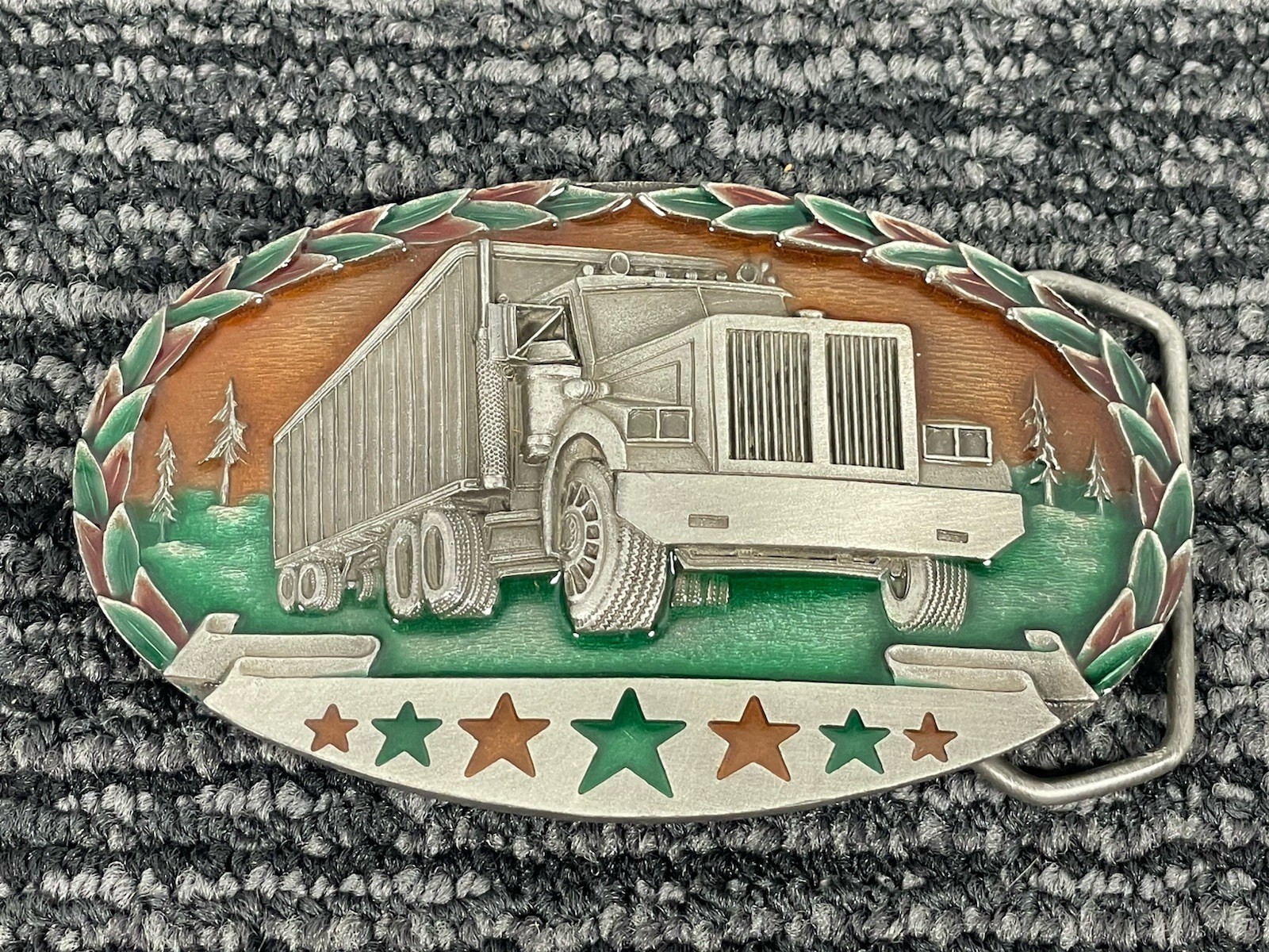 🔥 Vintage Silver Tone Metal Green Enamel Trucker Semi Western Belt Buckle 1982