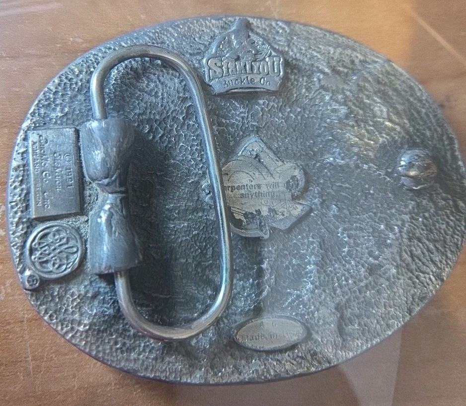 Siskiyou Carpenter Belt Buckle 1991 Pewter Hammer Saw Tape Measure Tool Design