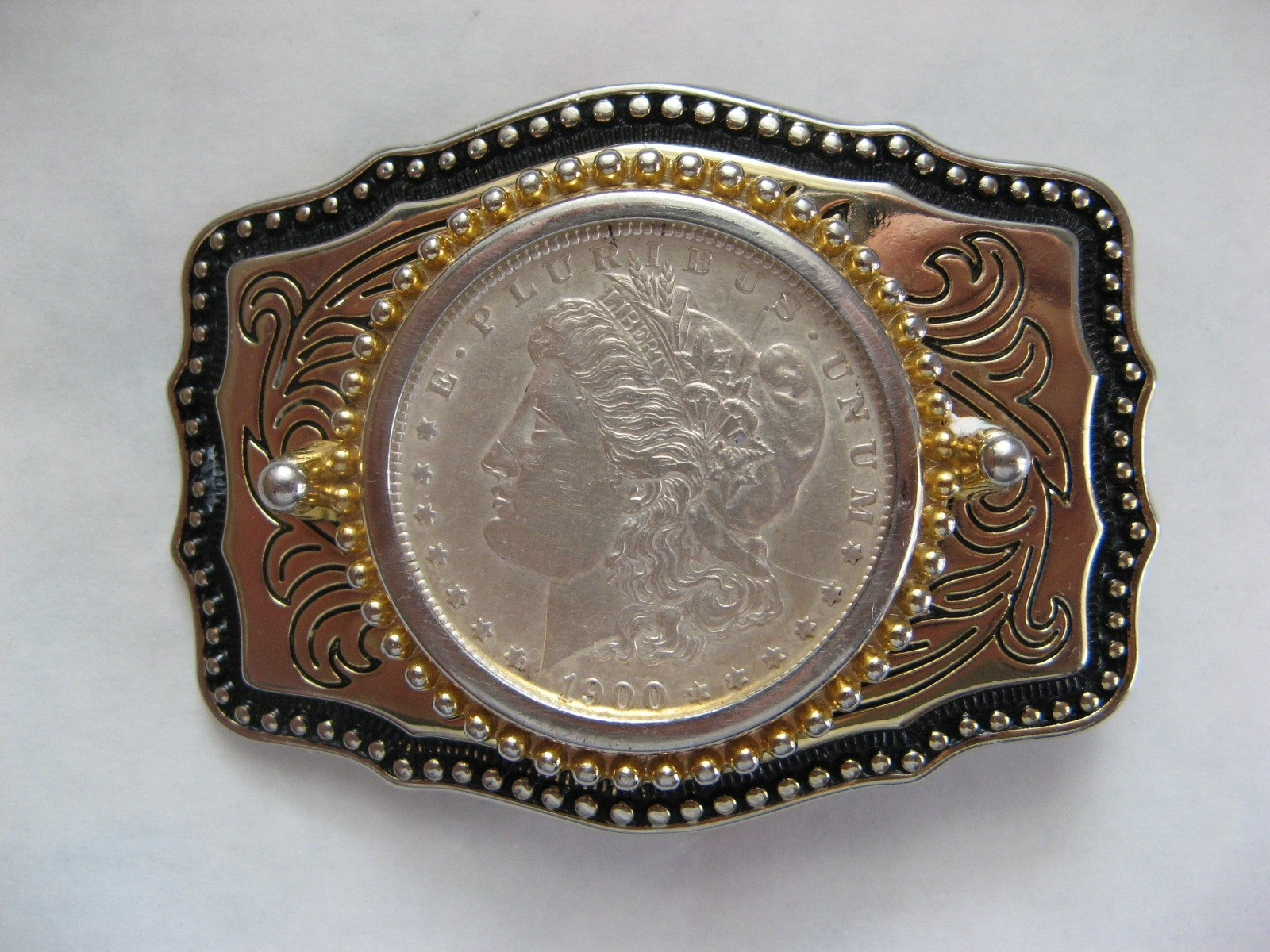 REDUCED $$$, 1900 Morgan Silver Dollar Belt Buckle Black, Gold, Silver Color