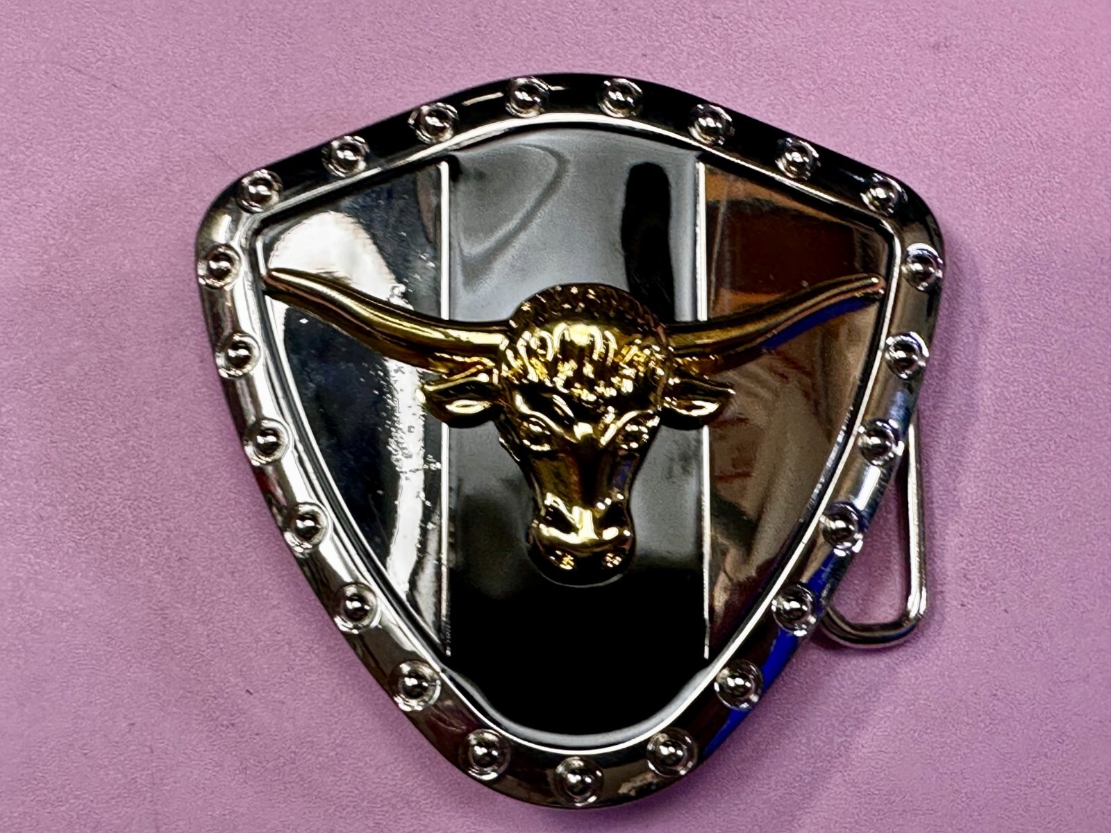 Long Horn Bull Steer Cow Black Stripe On Reflective Shield Pattern Belt Buckle