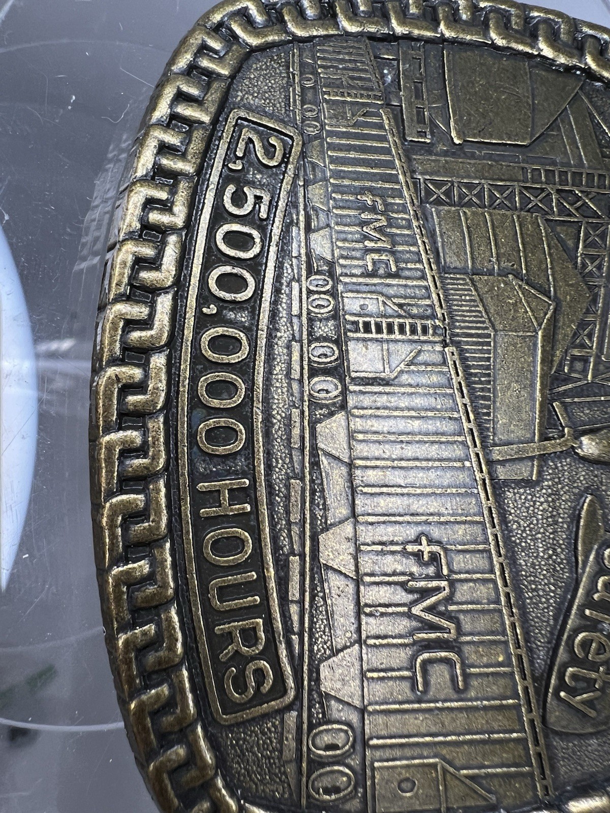 FMC Safety Award Belt Buckle – 2,500,000 Hours – Brass Industrial Factory Scene