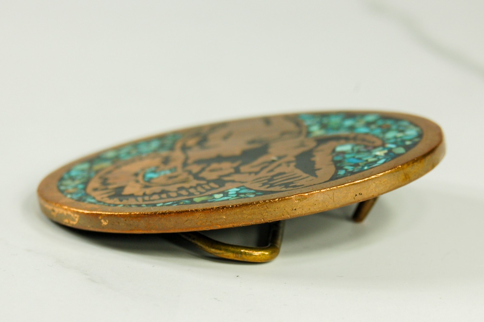 Bighorn Ram brass western belt buckle turquoise inlay vintage Harmony Metal