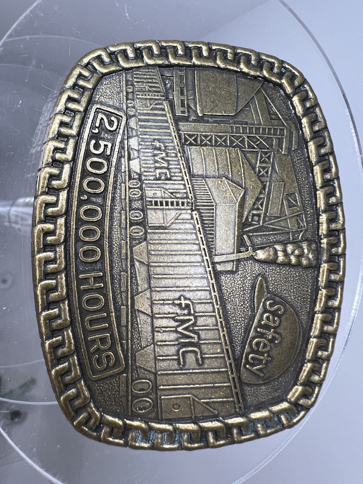 FMC Safety Award Belt Buckle – 2,500,000 Hours – Brass Industrial Factory Scene