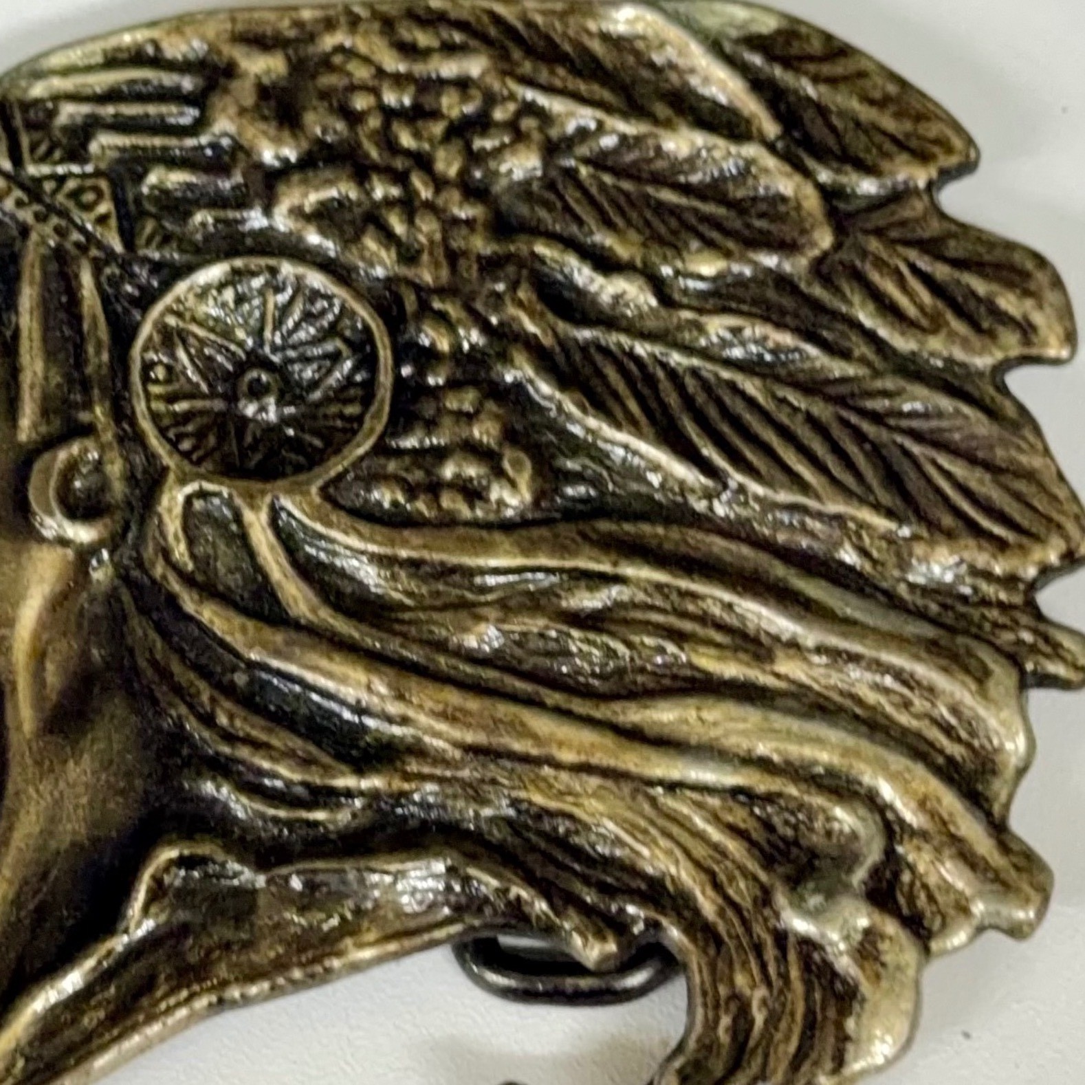 Vintage Native American Chief Headdress Belt Buckle Brass Tone Western Boho