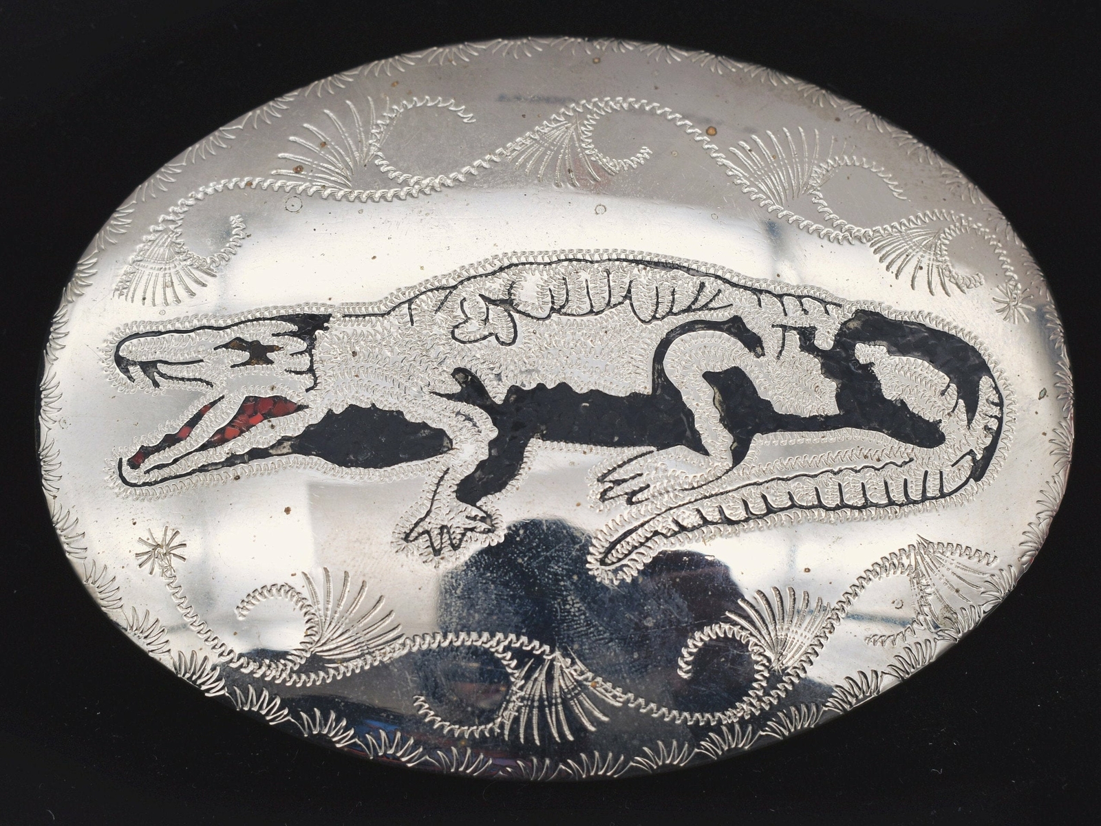 Alligator Handmade Stone Inlay German Silver Tooled Paisley Vintage Belt Buckle