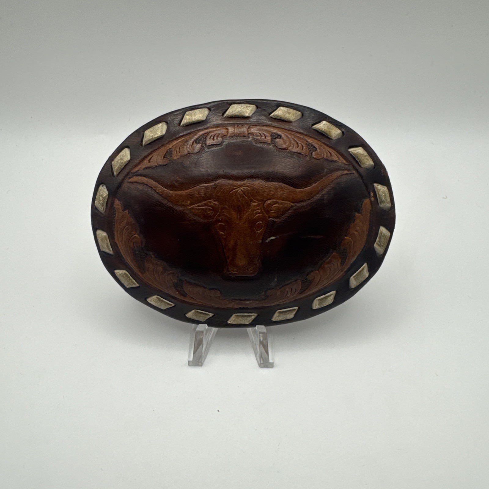 Vtg Texas Longhorn Belt Buckle Leather laced tooled 3 3/4&Prime; X 2 3/4&Prime; Western