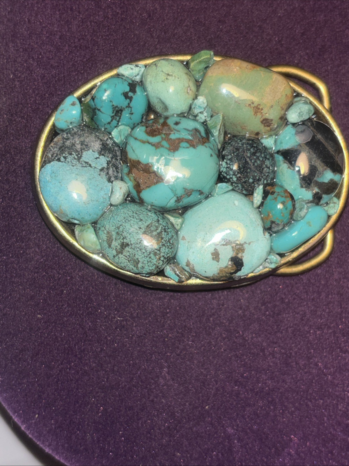 OA. « A.V. MAX NYC » Oval Brass Turquoises Stone Buckle Made in USA
