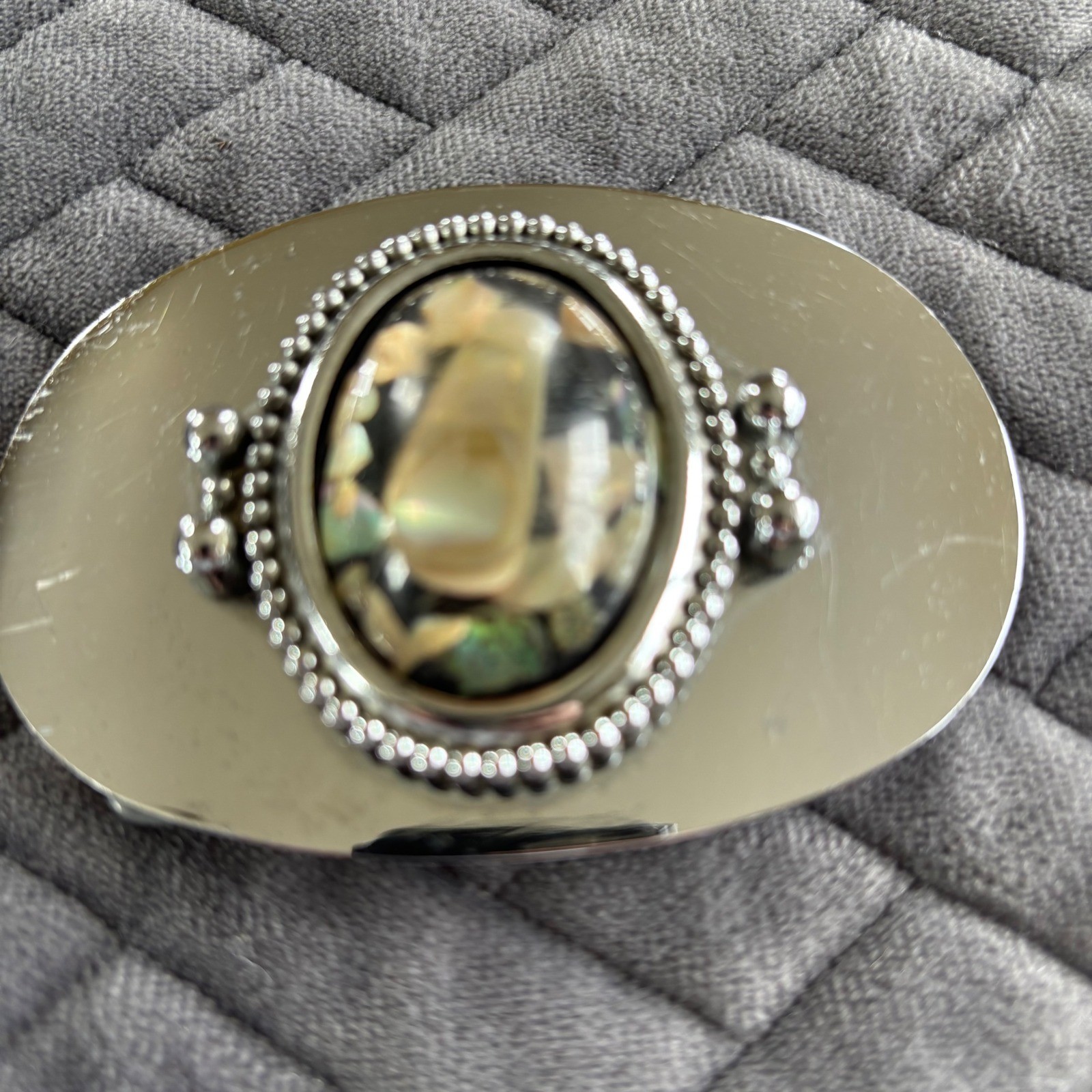 Vintage Silver Tone Abalone Shell Inlay Oval Belt Buckle Western Boho Iridescent