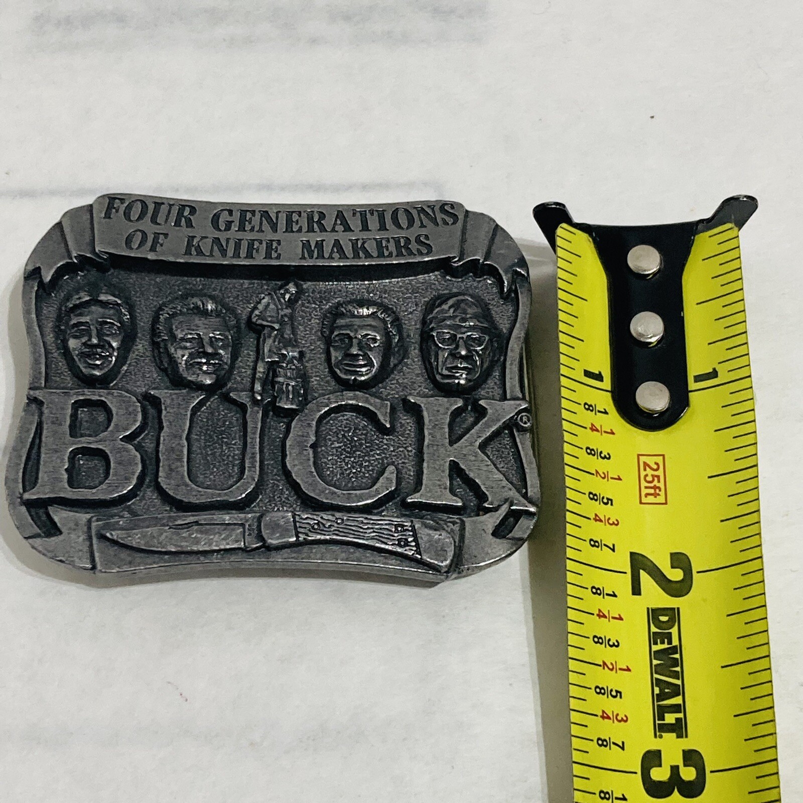 Vintage Pewter Embossed BUCK KNIVES Four Generations Knife Makers Belt Buckle