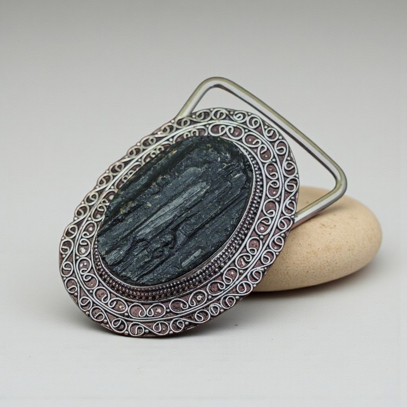 Black Tourmaline Silver Plated Belt Buckle – Handmade Western Statement Buckle