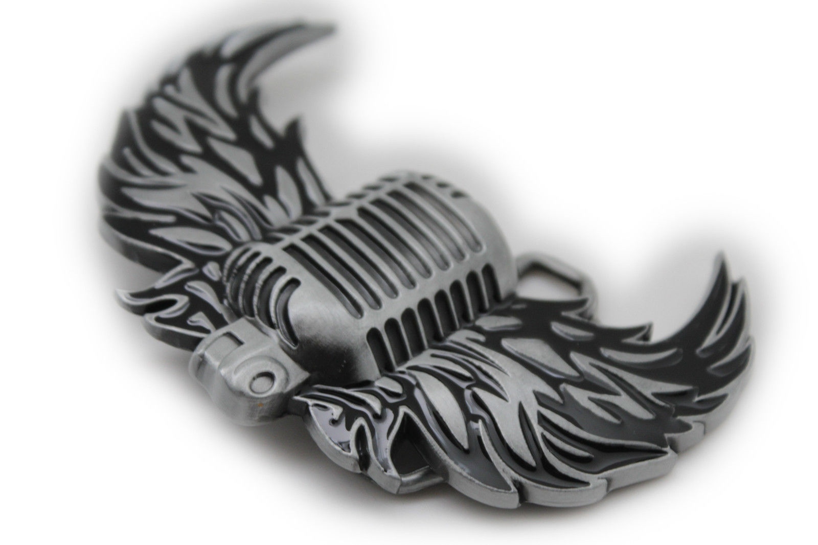 Men Women Silver Buckle Western Hip Hop Radio Music Microphone Fire Wings Rocker