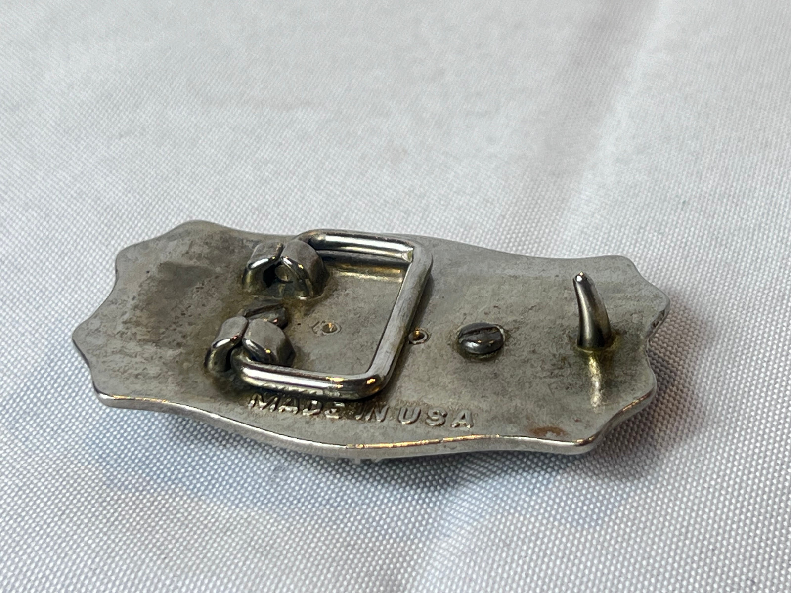 Vtg Western Style Belt Buckle Silvertone And Polished Cabochon Stone USA