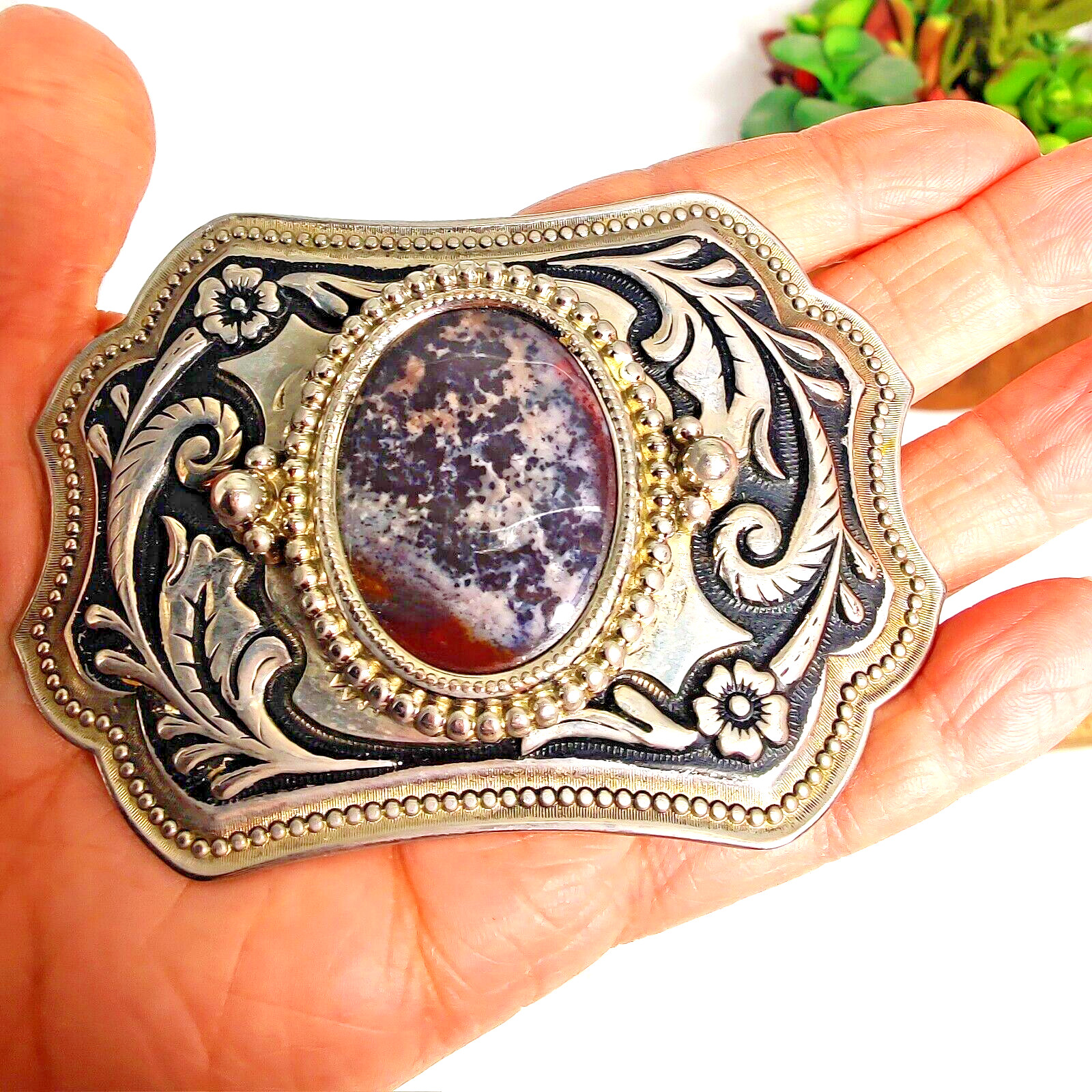 Vintage Belt Buckle Western Style Silver Ornate with Large Black Oval Stone