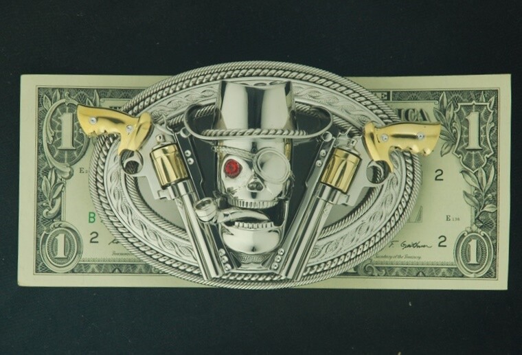(MADE BY ORDER)BUCKLE HANDMADE STAINLESS STEEL SKULL DOUBLE GUN WITH PIPE