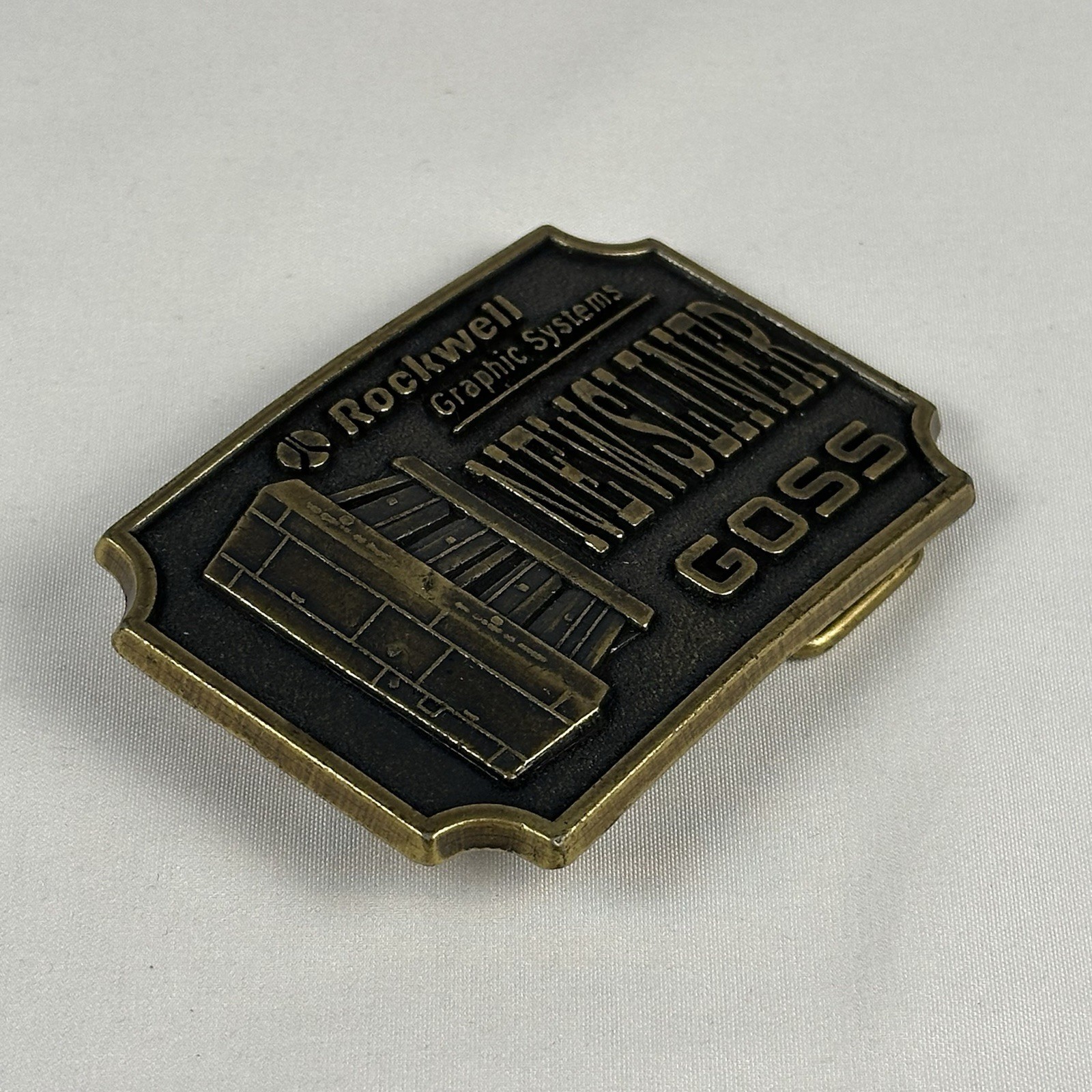 Vintage Rockwell Graphic Systems Newsliner Goss Belt Buckle Brass Industrial