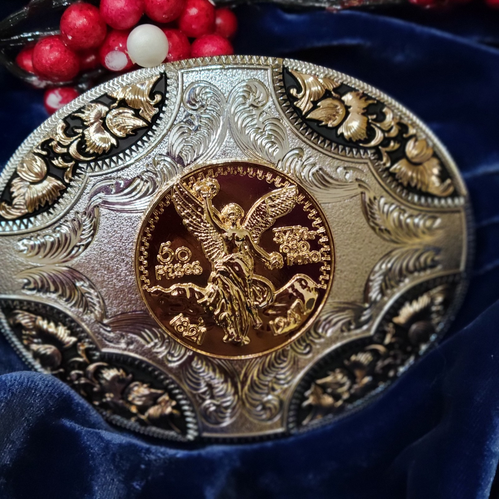 Centenario Cowboy Belt Buckle Western Hebilla Rodeo Silver Rosetone Coin Oval