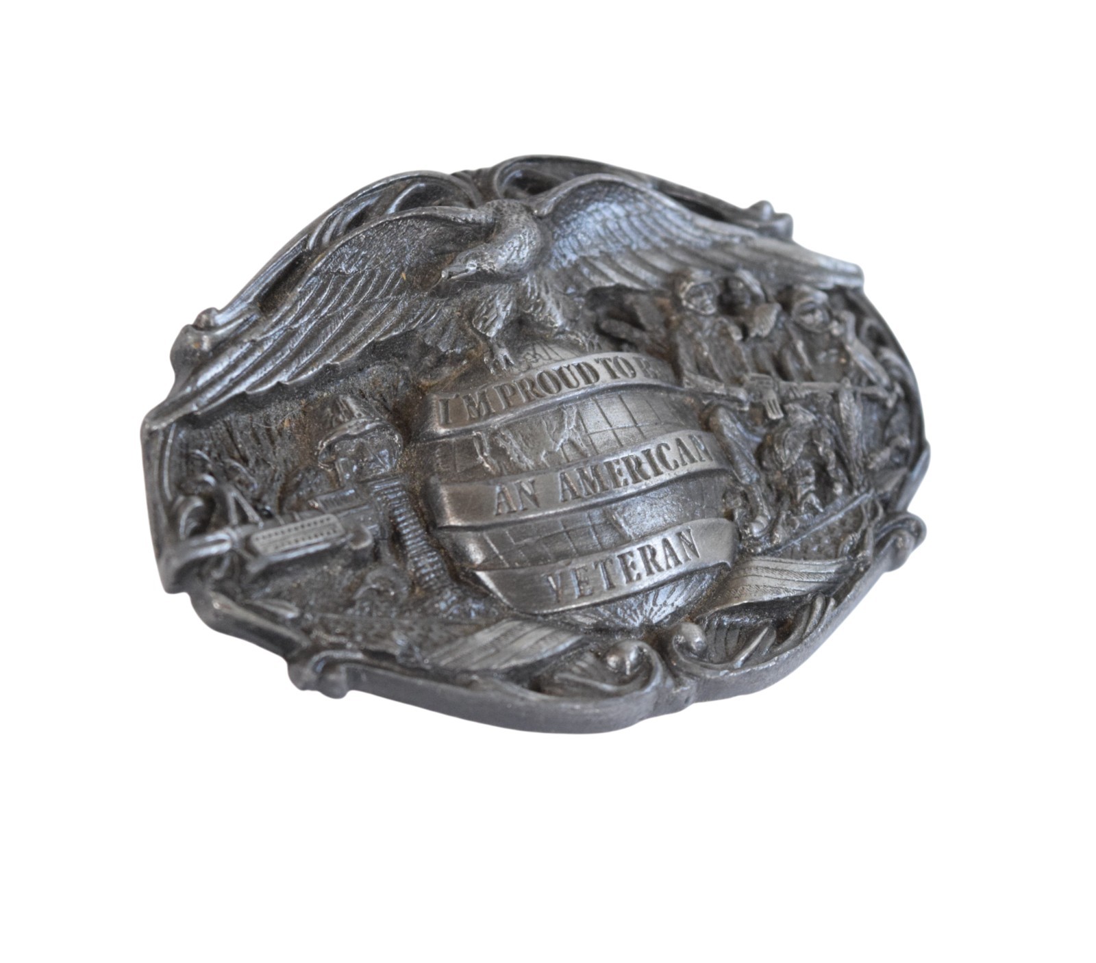 VTG 1986 Bergamot « I&rsquo;m Proud to be an American Veteran » Pewter Belt Buckle – USA