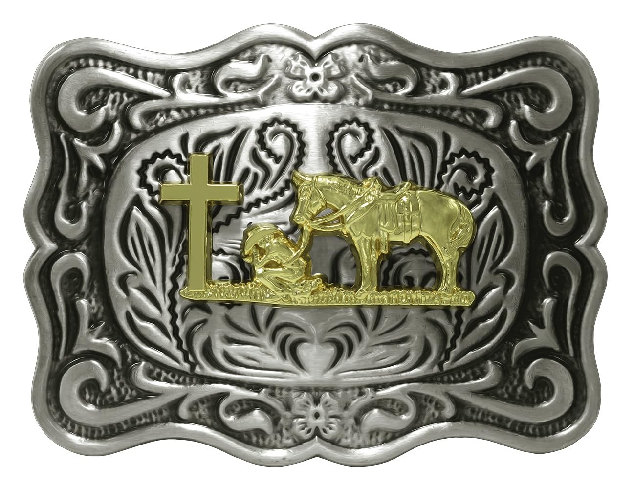 Belt Buckle With Religion Cross Cowboy Kneeling Prayer And Horse Design