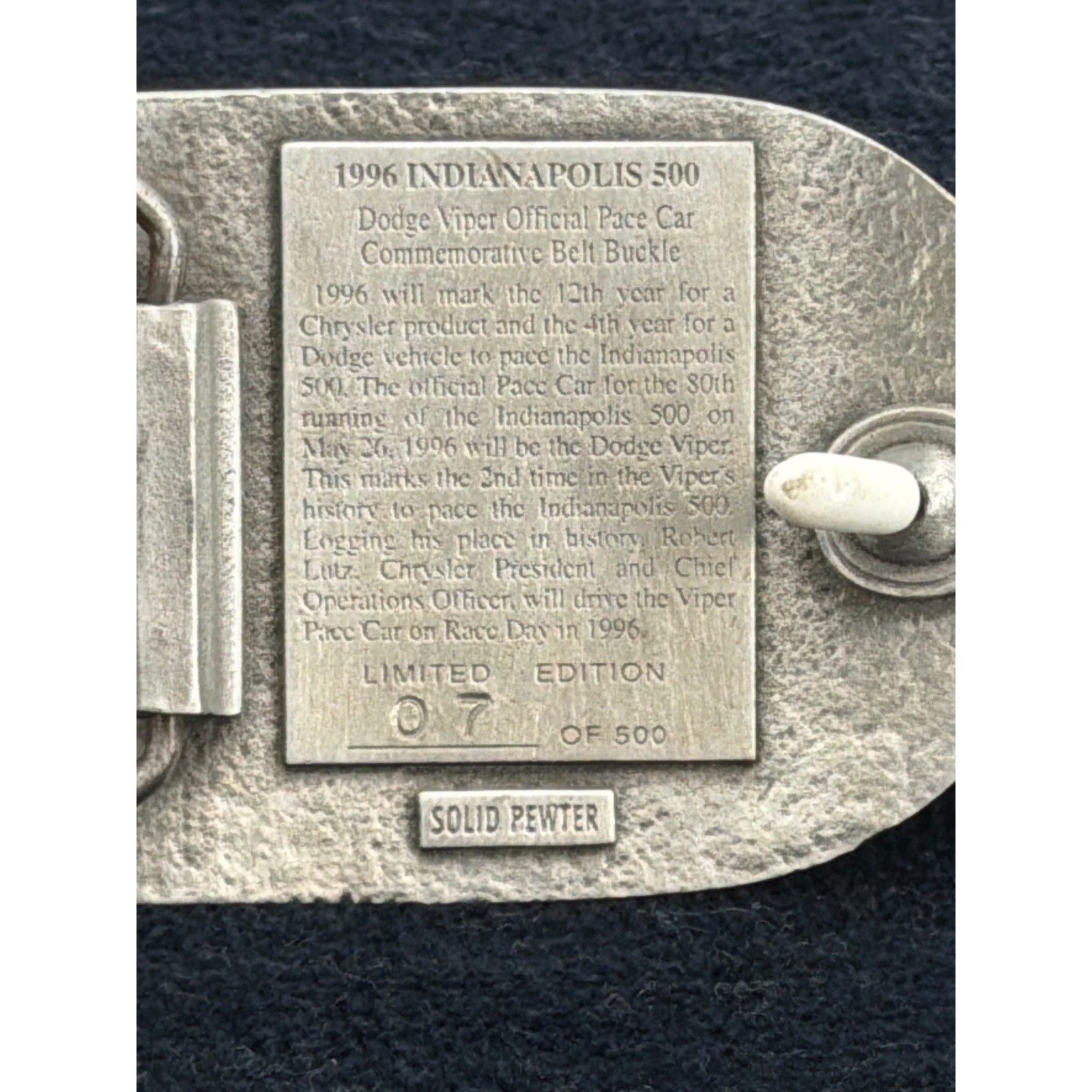 1996 Indy 500 Dodge Viper GTS Official Pace Car Pewter Belt Buckle 7/500 Ltd Ed