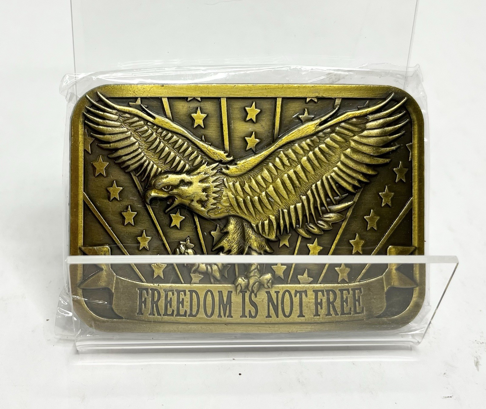 Eagle Freedom Is Not Free Patriot Sponsor Gold Tone Belt Buckle 3” x 2”