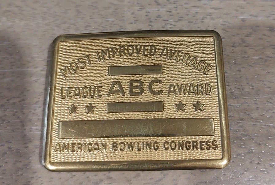Vintage ABC Bowling League Award Brass Belt Buckle Most Improved Average Free SH