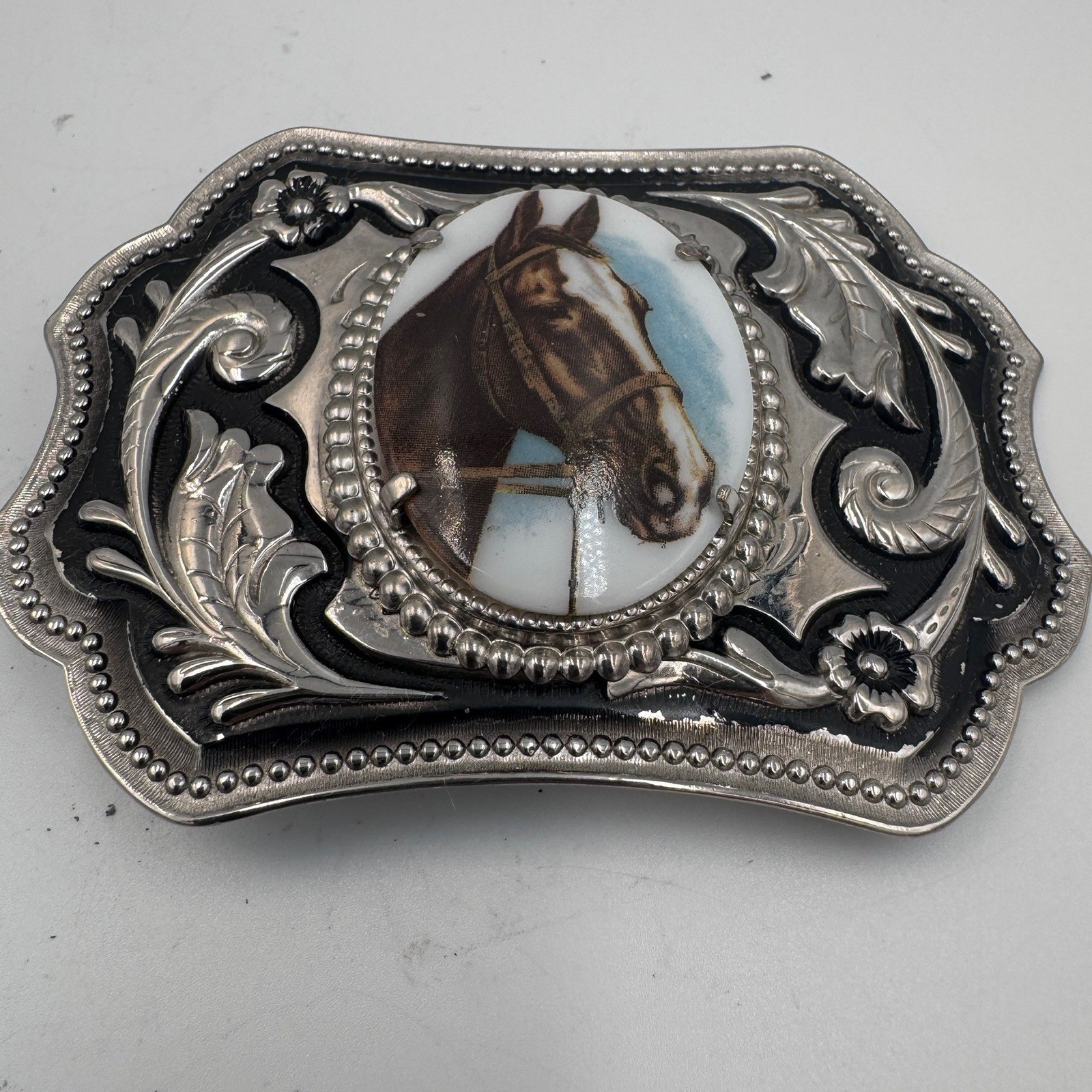 Vintage Western Horse Portrait Belt Buckle Silver Tone Floral Scrollwork Cowboy