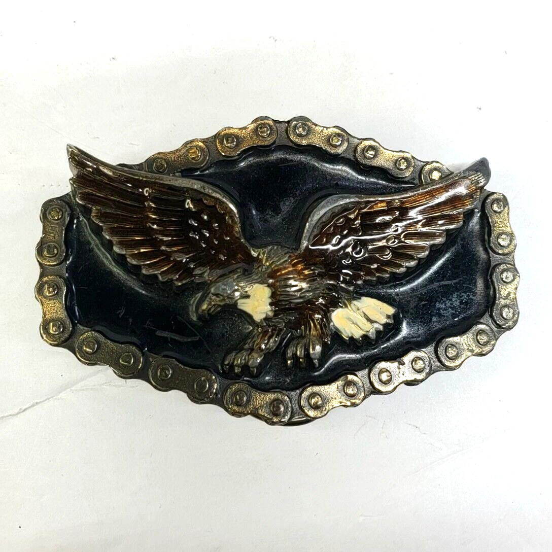 1983 American Eagle Black Enamel & Biker Chain Border Great American Buckle Co