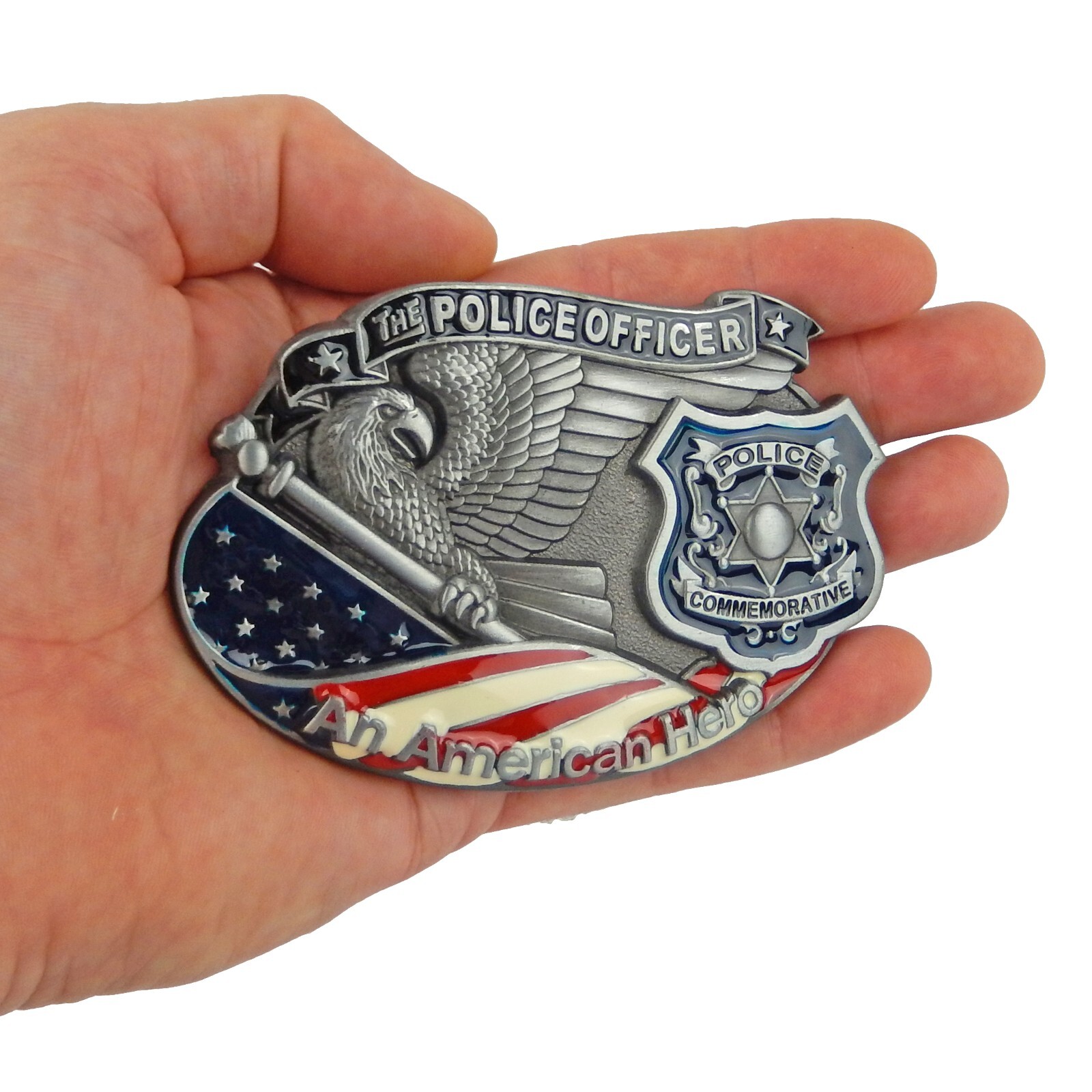 Police Officer Hero Belt Buckle Silver Tone Fits 1.5 inch Belts Enamel U.S. Flag