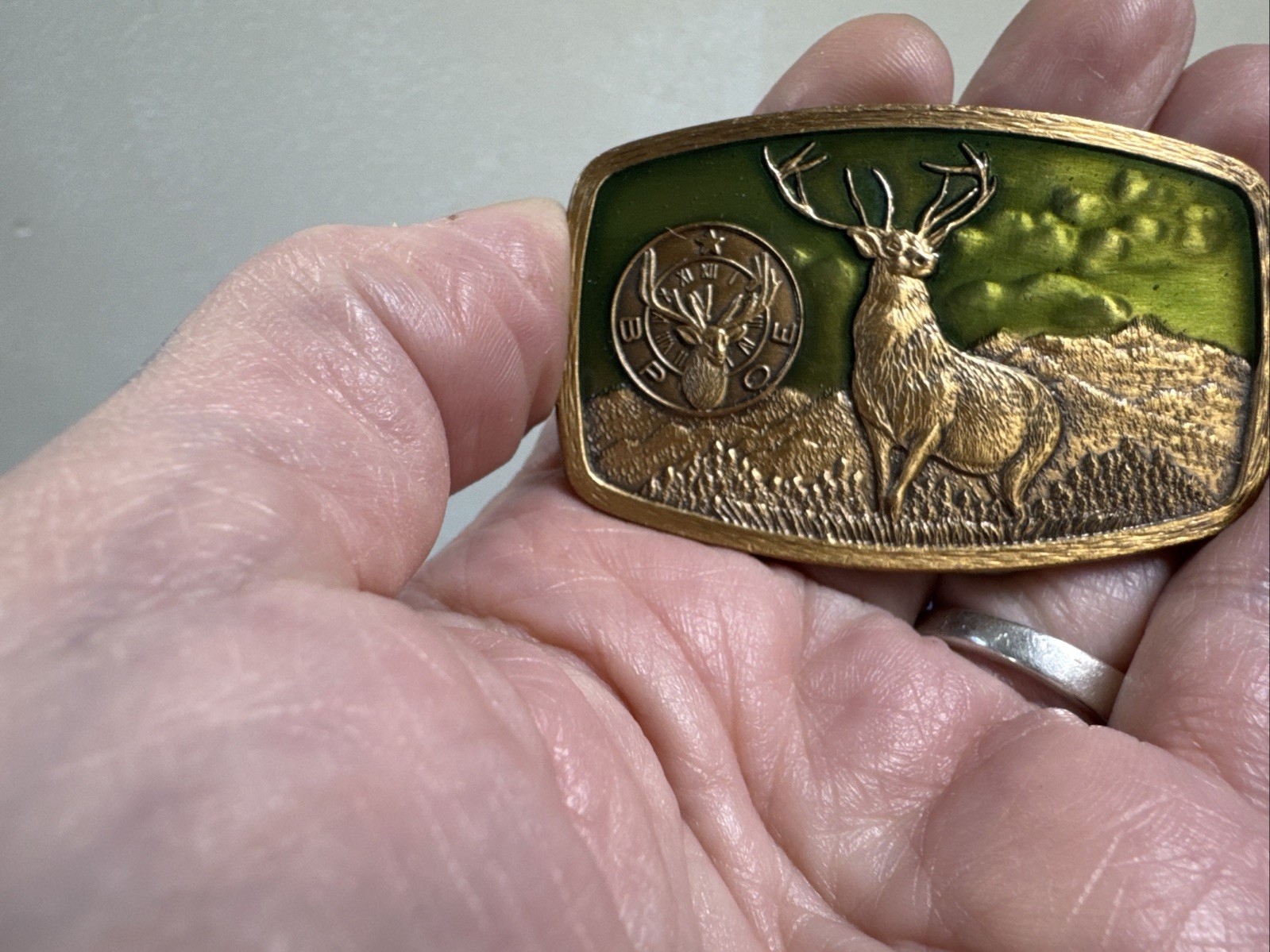 Vintage 1981 Harry Klitzner Co BPOE Elk Deer Green Enamel Belt Buckle Brass Tone