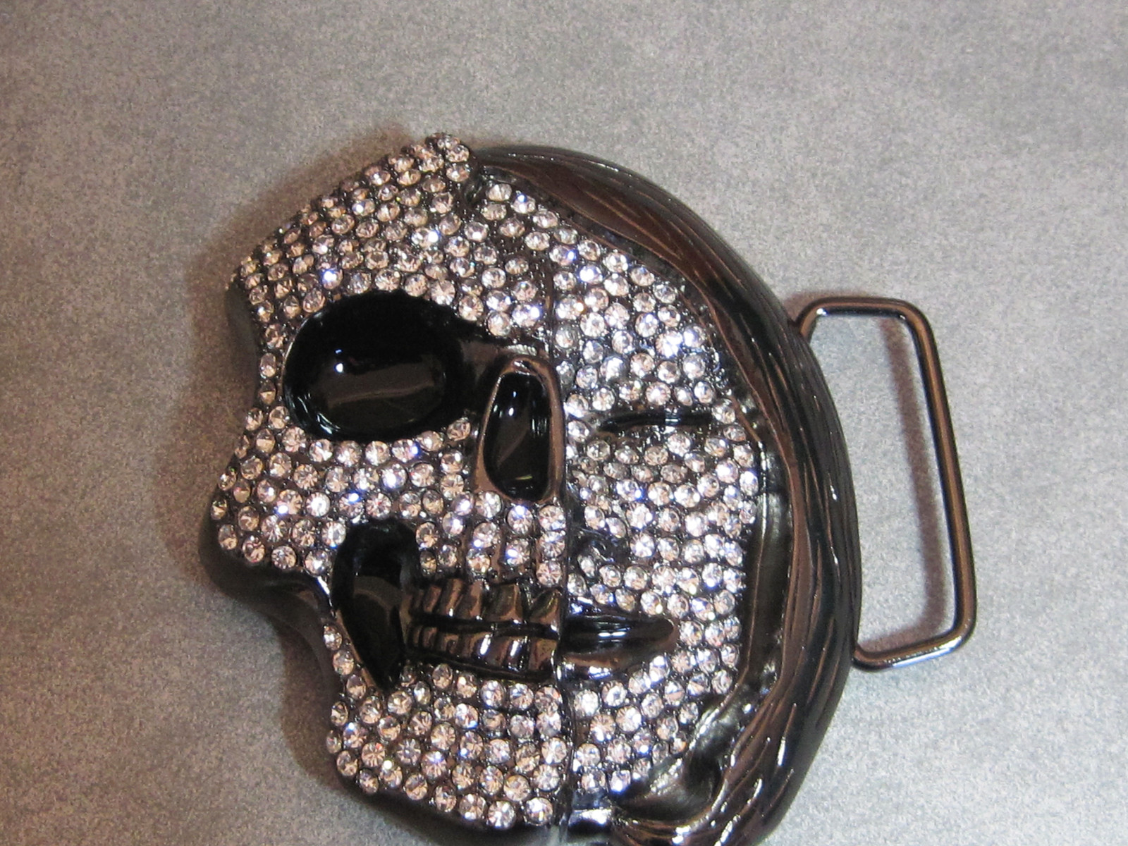 Belt Buckle Silver Skeleton Skull Split Face clear shiny stones cz&rsquo;s