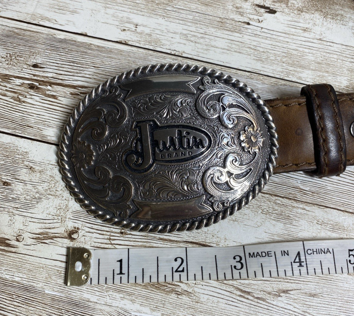 Justin Belt Mens Brown Leather Silver Tone Buckle Floral Scroll Western Cowboy