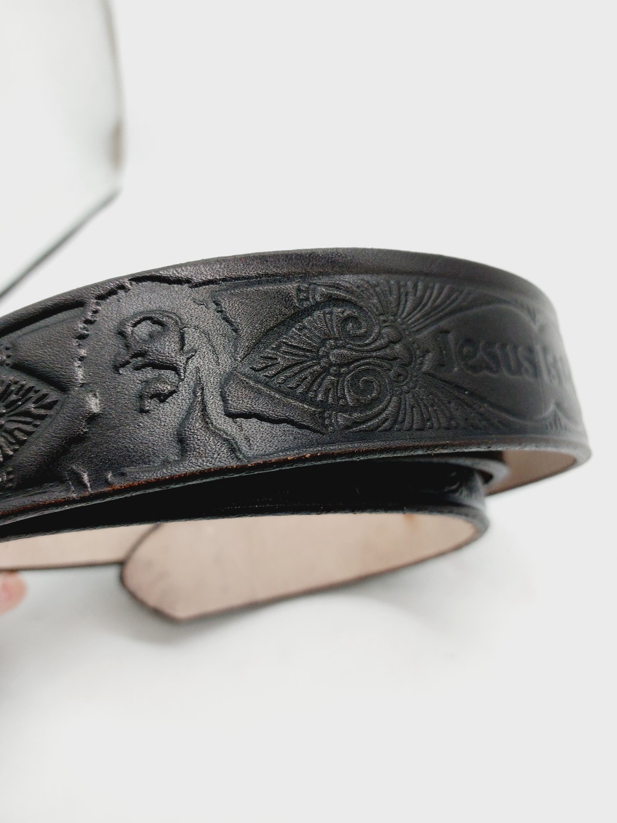 Jesus Is Lord Belt Black Length 57&Prime; Etched Gold Tone Buckle