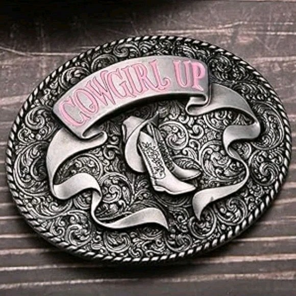 Silver Pink Western Cowgirl up Boots Floral Engraved Metal Belt Buckle