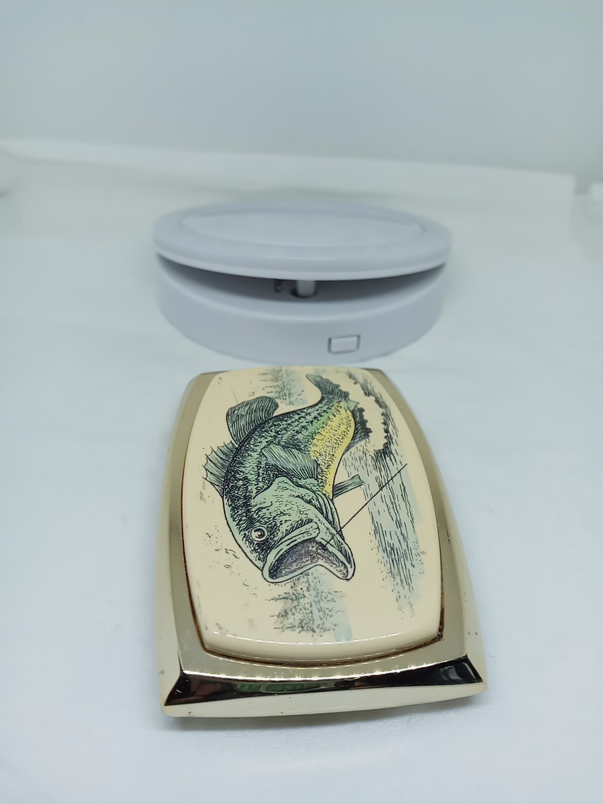 Vtg. RAINTREE ?Gold TnedMetal Ivory Color Large Mouth Bass Belt Buckle. Intricat