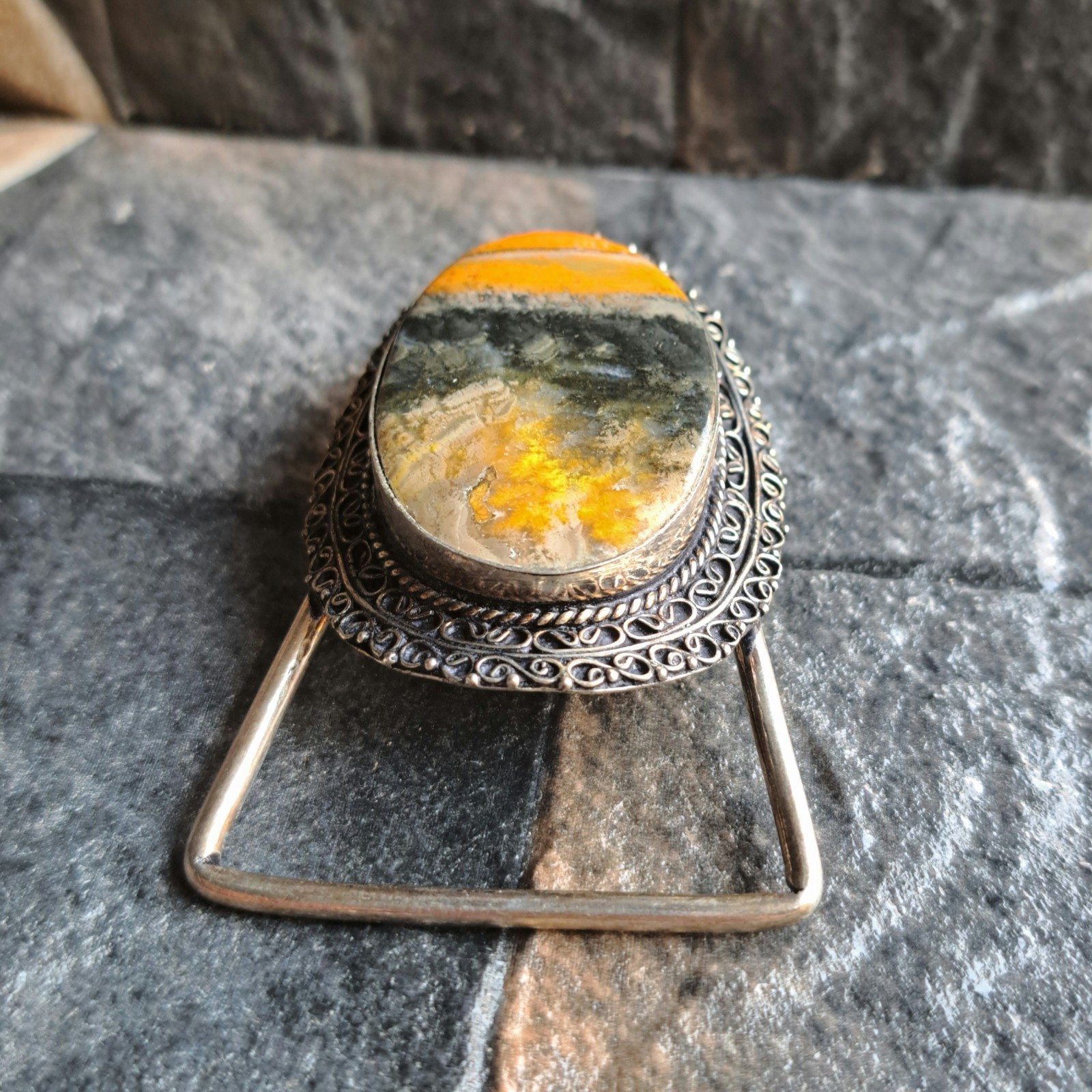 Bumblebee Jasper Oval Silver Plated Belt Buckle Bold Yellow Black Western Unisex