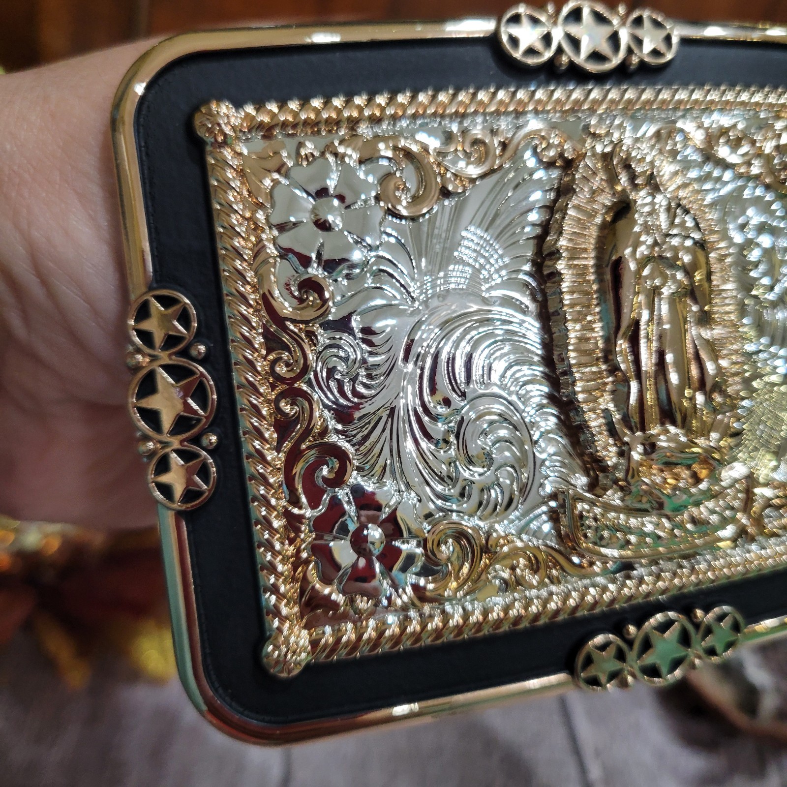 Virgen De Guadalupe Western Belt Buckle Rose Tone & Silver Cowboy Rodeo Buckle