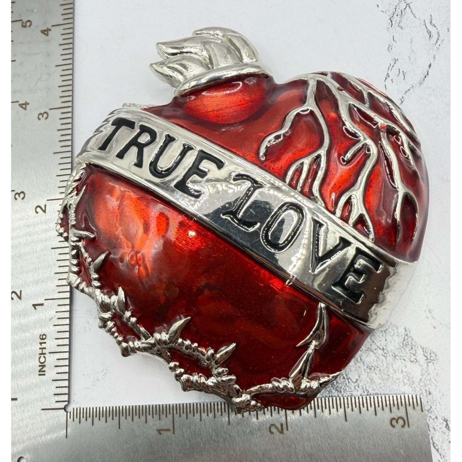 True Love Red Flame Heart Belt Buckle 3.75&Prime; Silver Tone Biker