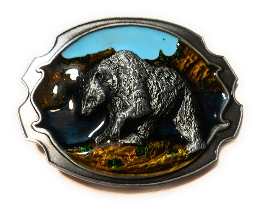 Bear grizzly Black belt buckle Scenery 3.1×2.4&Prime; Full Metal Outdoors USA Seller